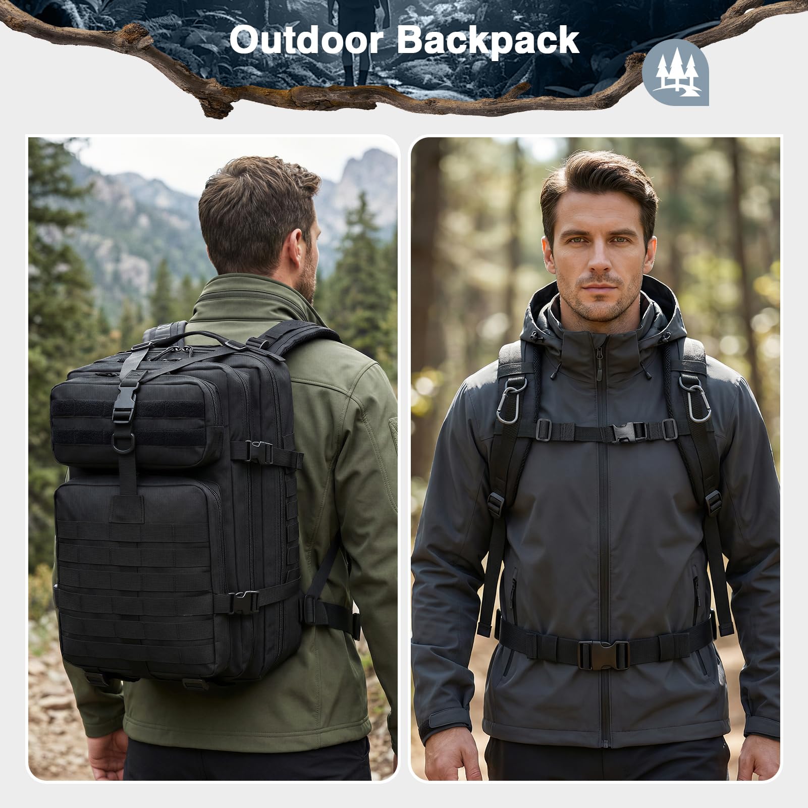 SPAHER 45L Sacs à Dos Tactique Militaire Armée Sac de Randonnée Trekking Survie Voyage Molle Étanche avec Une Housse Imperméable, Noir