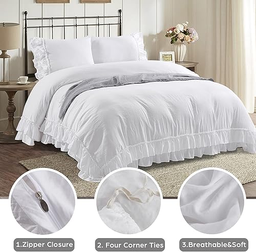 Miniatura 2 de HIG Juego de funda de edredón I de 3 piezas prelavado, 2 capas de volantes con diseño de color sólido, juego de funda de edredón estilo granja con 4