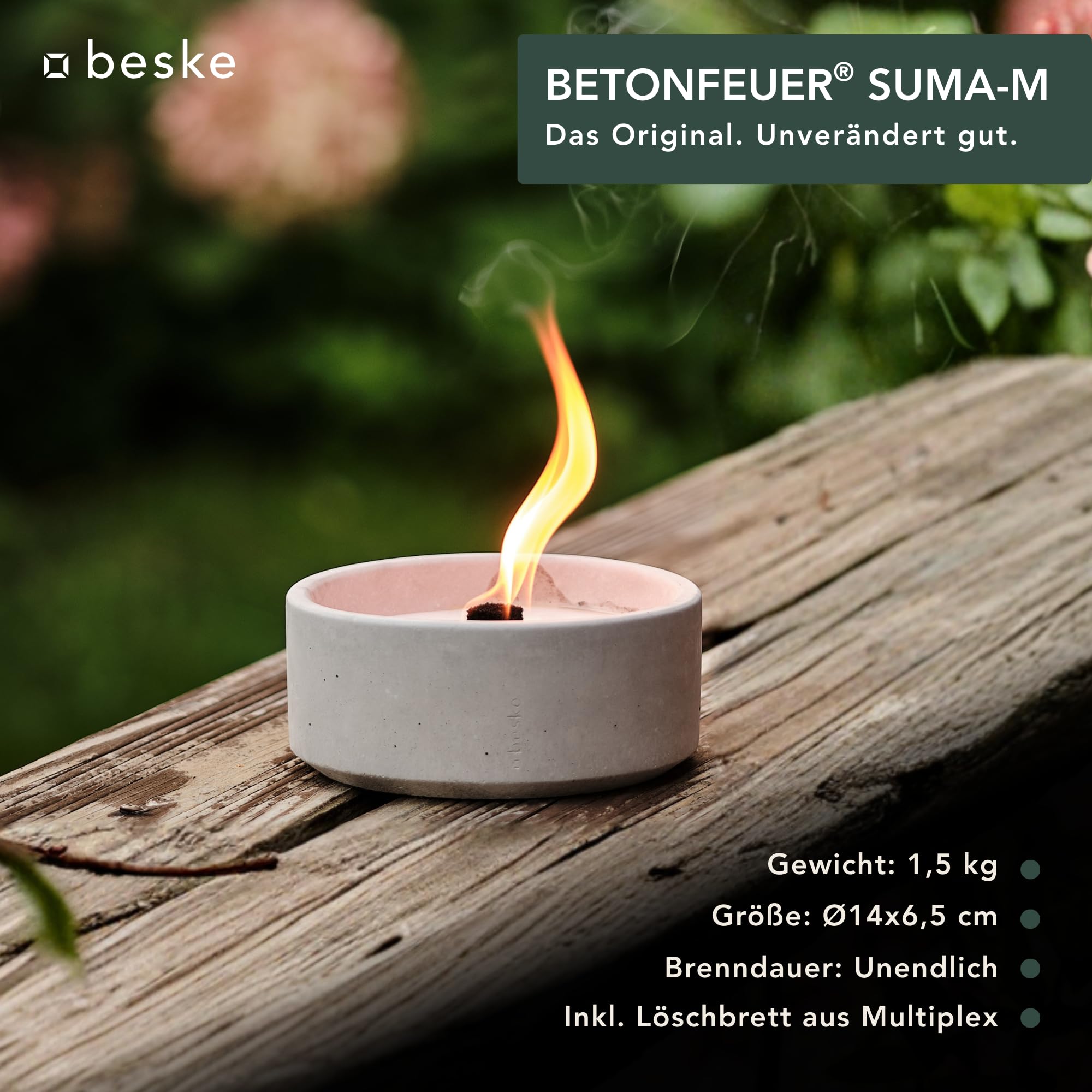 Suma - Das Original | Das Feuer, das für Immer brennt | Kerzenfresser mit Dauerdocht für Garten und Terrasse | Wachsfresser aus Beton | Handarbeit 'Made in Germany' | (Größe M (ø14cm))