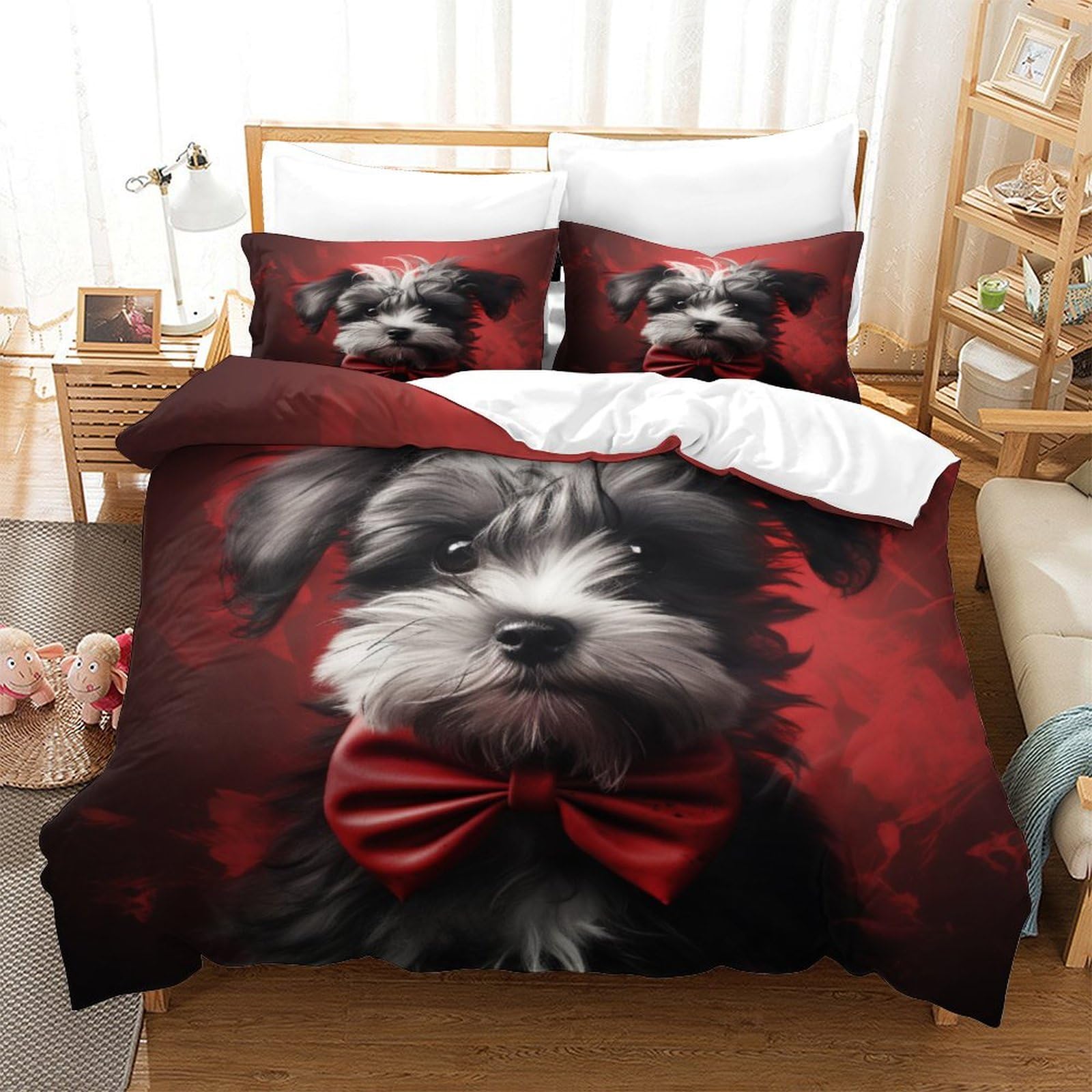 P1S9U7W5Y Gentle Dog Print 3D Printed Microfiber 3 Piece Duvet Cover Set for Adults Teens Bedroom Decor Puppy Bedding Set Soft Breathable All Seasons Double（200x200cm）