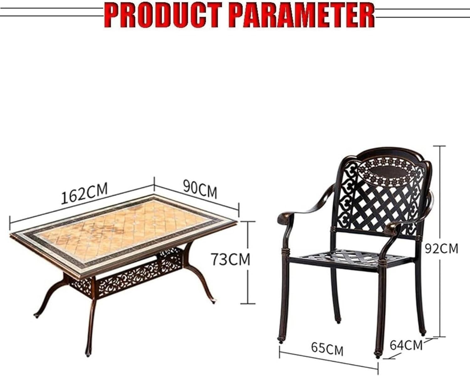 Patio Dining Set Outdoor Cast Aluminum Table and Chair Set - 7 Piece Set, Waterproof Rust-Proof Sunscreen Garden Tableware, Strong Bearing Capacity (Size : 162x90x73cm)