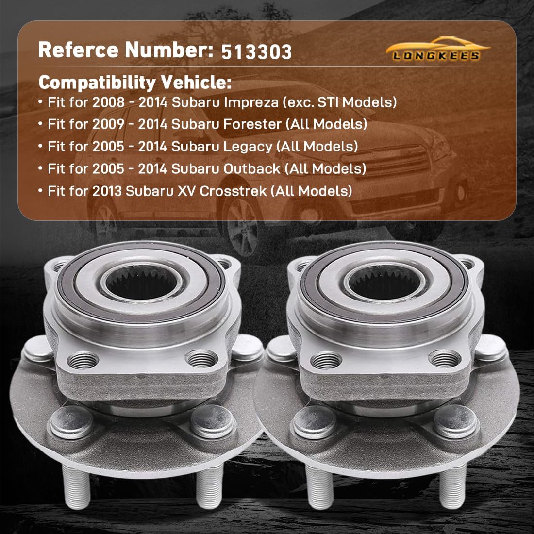 2PCS Front Wheel Hub and Bearing Assembly FIT 2008–2014 Subaru Forester Impreza & FIT 2005–2014 Legacy Outback – 5-Lug 5x100mm – Replace OE# 513303