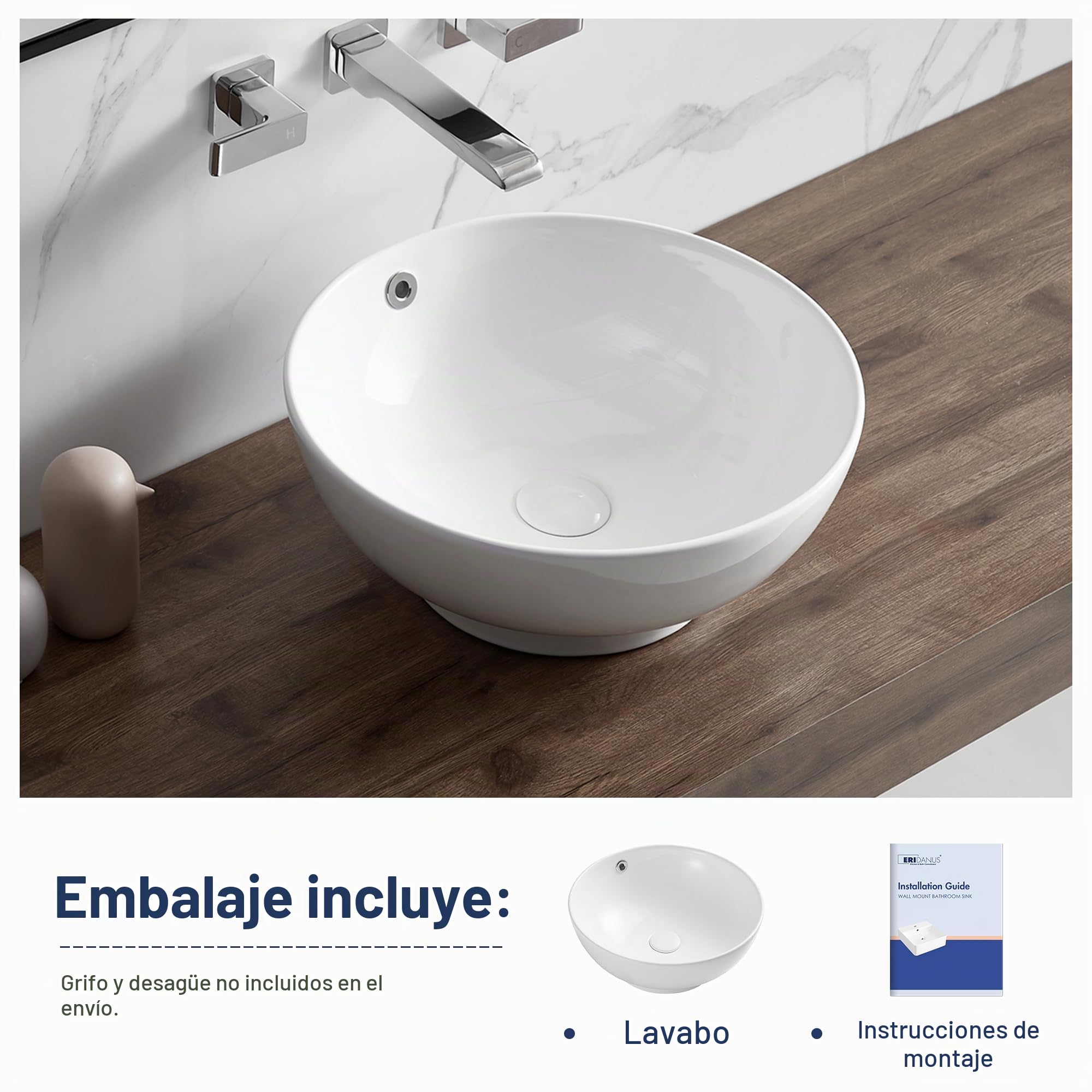 Eridanus Fregadero redondo con agujero de desbordamiento, lavabo de cerámica para encimera de baño, lavabo de porcelana vítrea para lavabo, baño, tocador, blanco brillante, 430 x 430 x 180 mm