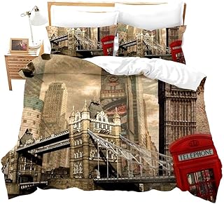 Feelyou Modern Cityscape Bedding Set Microfiber Soft Personalized London Bridge Printed Duvet Cover Retro Antique Red Telephone Booth Comforter Cover Full Bedspread Zipper&Ties 3 Pcs