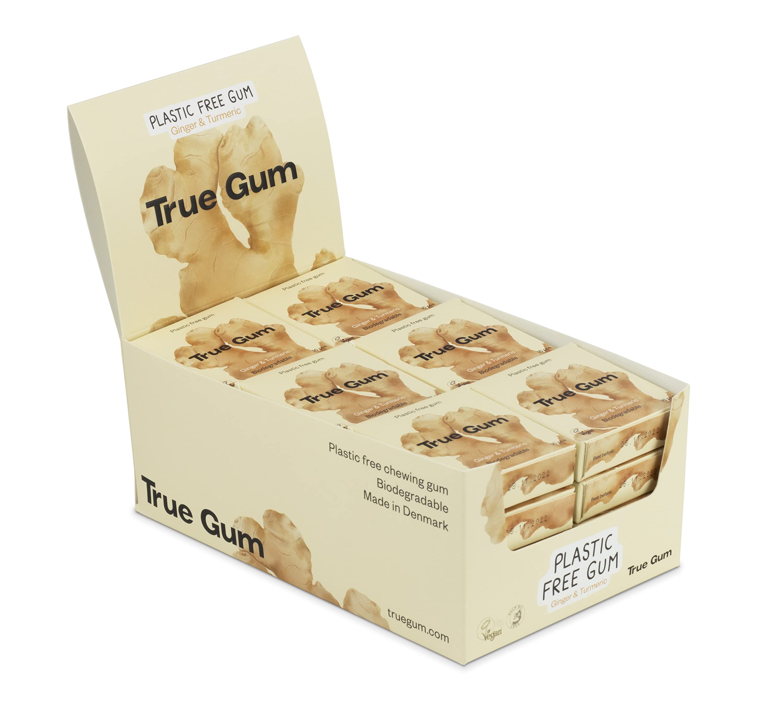 True Gum 24er Display INGWER & KURKUMA | Plastikfreier Kaugummi | Biologisch Abbaubar | Vegan | 24 x 21 g, 504 g
