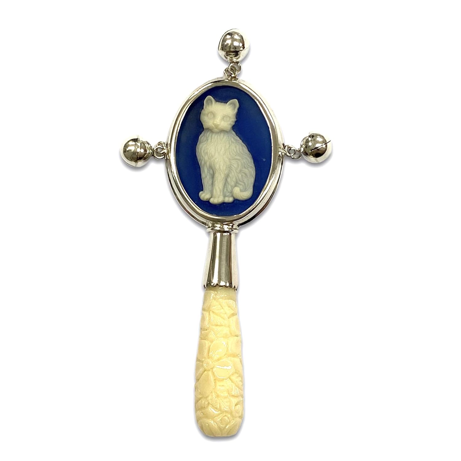 Victorian Style Cat or Kitten Blue Cameo Baby Rattle with Carved Resin Handle