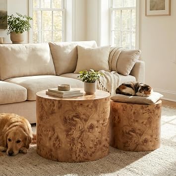 Ya-Home Round Coffee Tables Side Table Set of 2, Wood Nesting End Table for Living Room Balcony Office, Natural Burl Color, No Assembling
