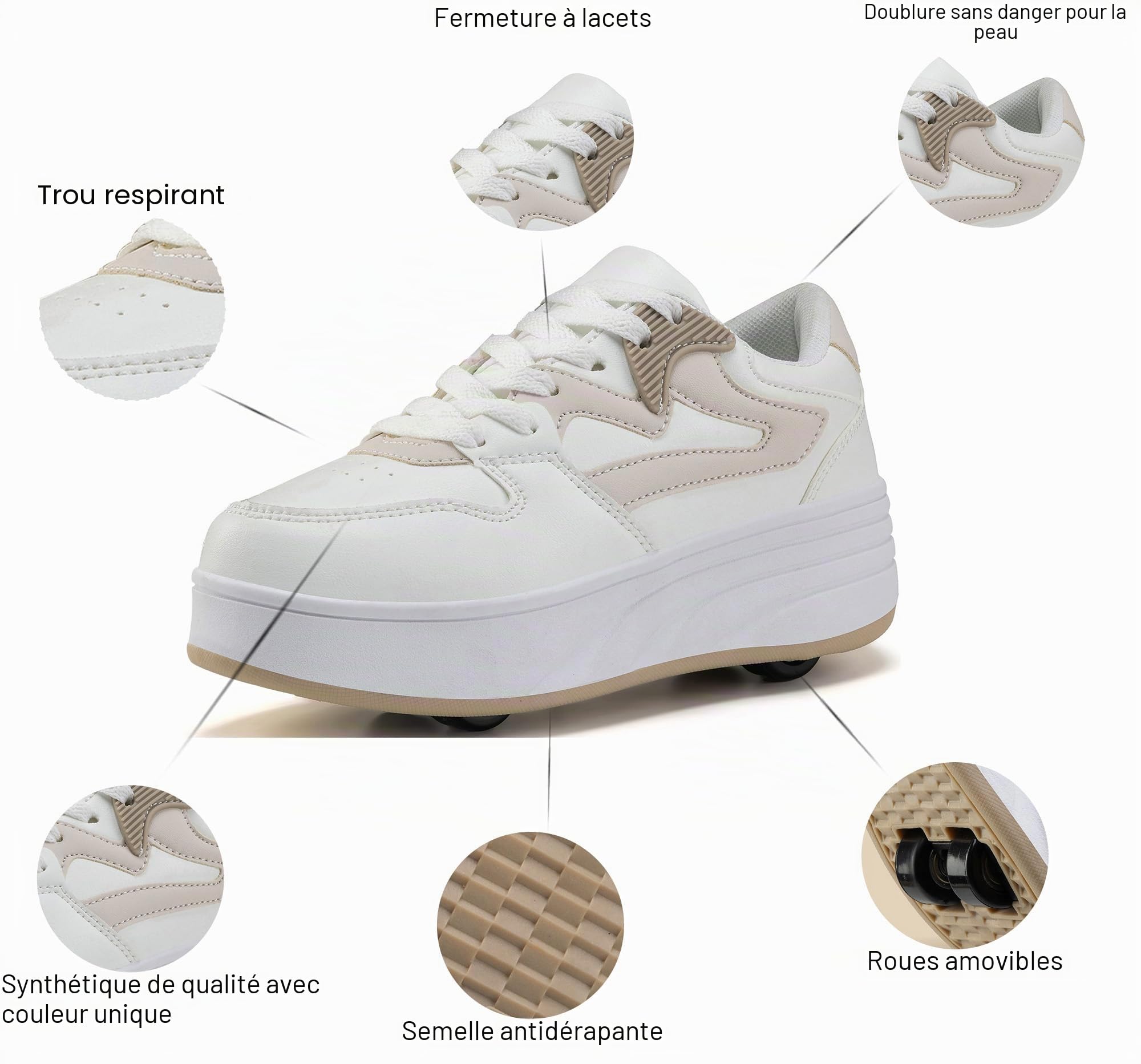 Chaussures de skate à roulettes pour enfants, garçons et filles, baskets avec roues détachables, chaussures de sport, Blanc/kaki, 36 EU