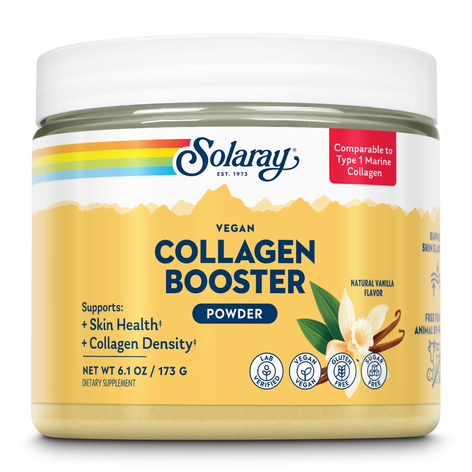 SOLARAY Refuerzo de colágeno vegano – Alternativa de colágeno marino tipo 1 en polvo – Salud de la piel y soporte de densidad de colageno – Sin gluten, sin azúcar, verificado por laboratorio, 25