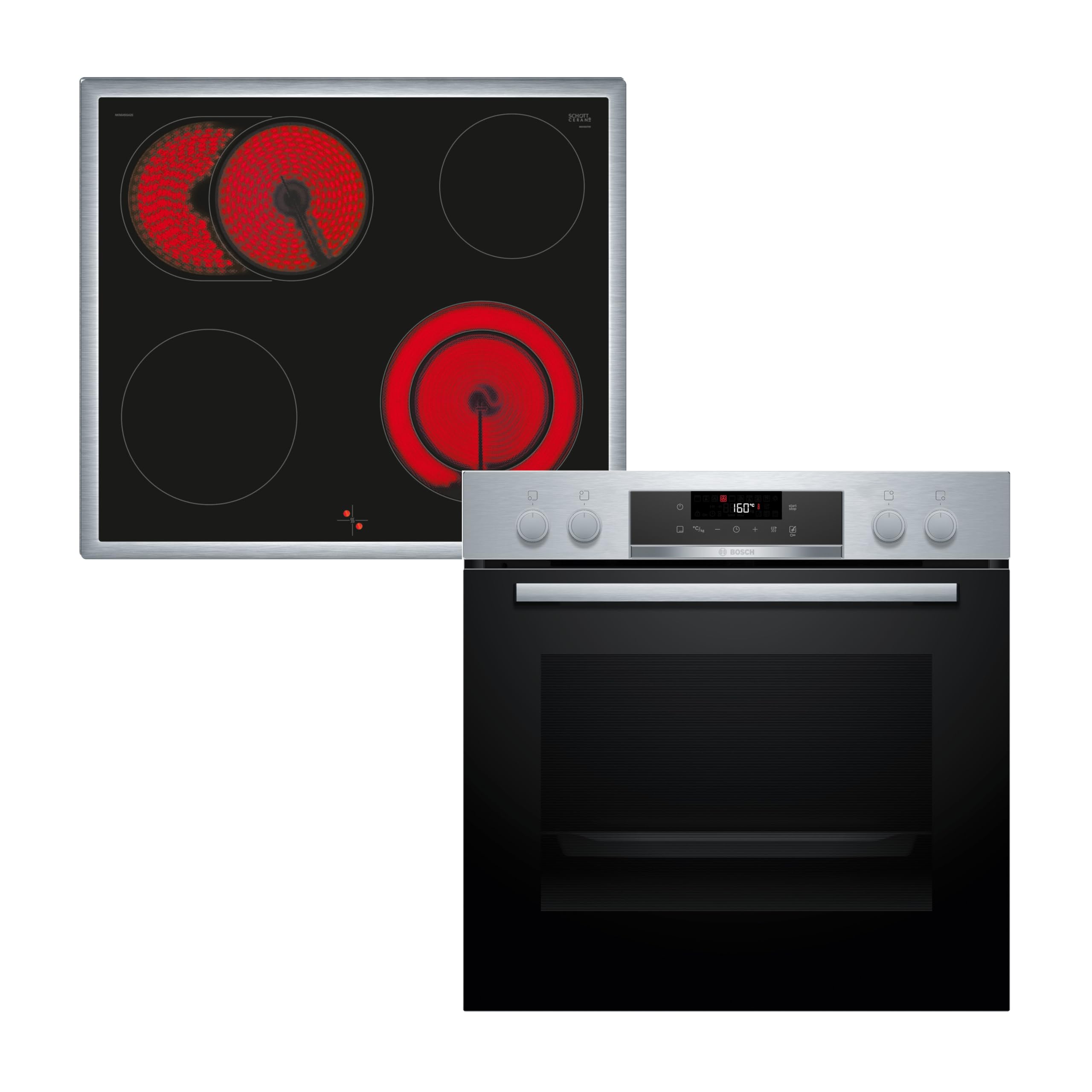 Bosch HND271AS64 Einbau-Herd-Set 60 cm Pyrolyse Touch Control Edelstahl Elektro-Kochfeld NKN645GA2E Serie 4 Herdgesteuert 21 cm Kochzone Mit Rahmen