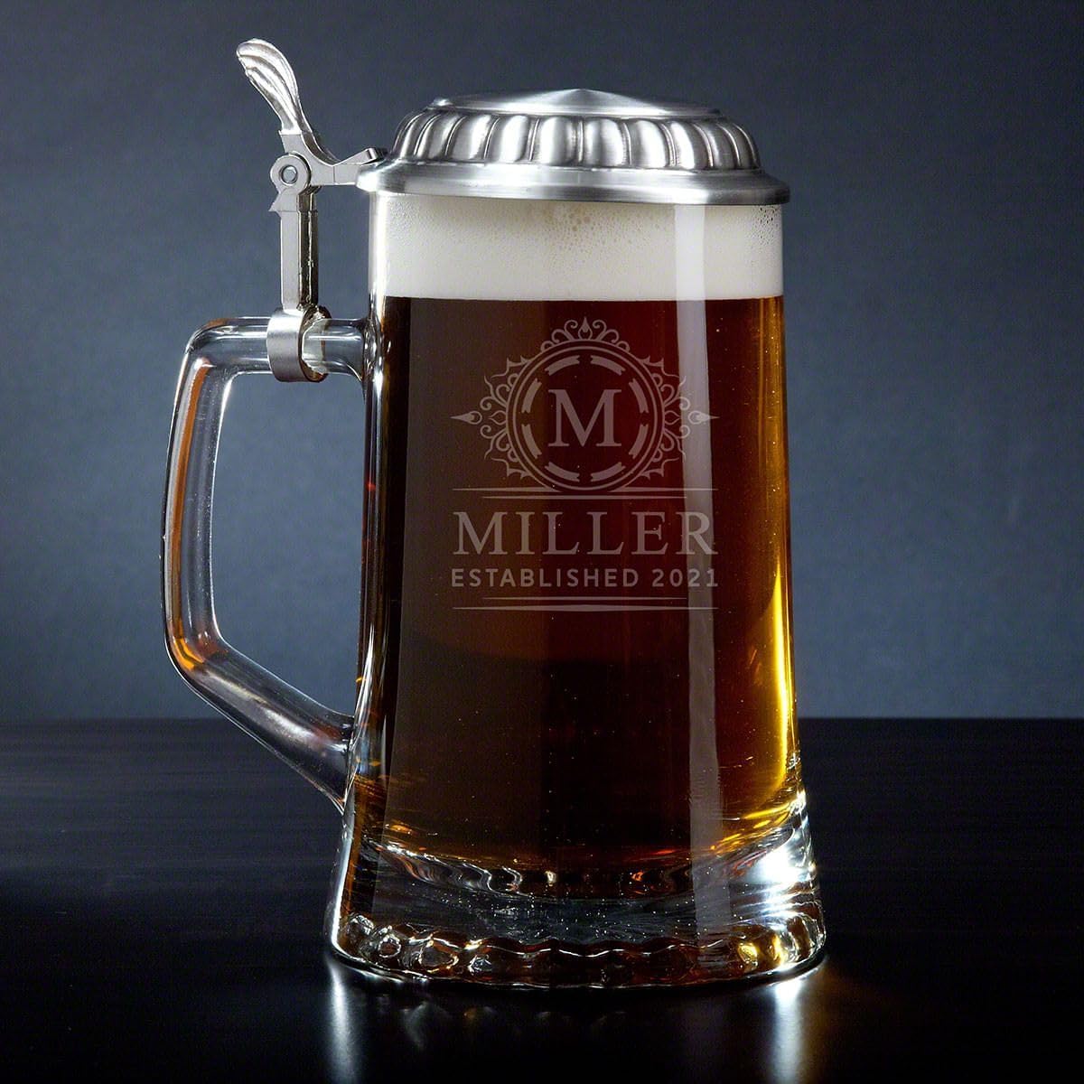 HomeWetBar Engraved Beer Stein Mug with Pewter Lid 16 oz - Personalized Beer Tankard