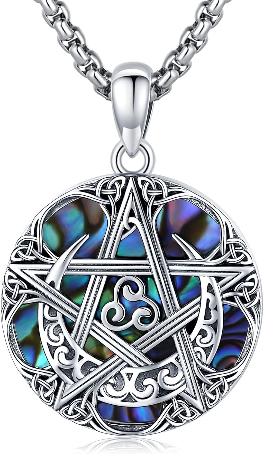 Pentagram Necklace Sterling Silver Triple Moon Goddess/Celtic Knot Witches Knot/Ankh/Sun and Moon/Hecate/Lilith/Santa Muerte/Tetragrammaton Pendant Necklace Pagan Wiccan Magic Egyptian Amulet Jewelry for Women Men