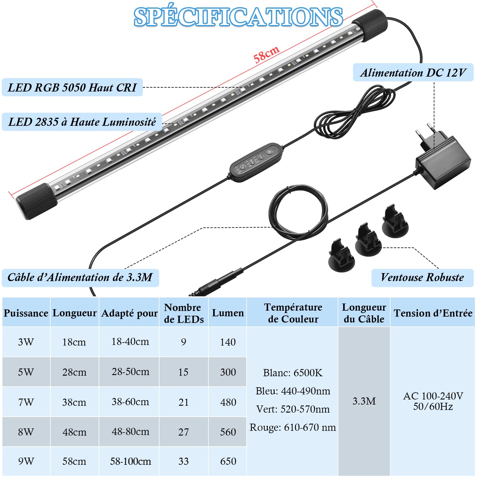 Rampe LED Aquarium 58cm, Éclairage RGBW Spectre Complet IP68 Étanche, Minuterie & Régulation de Luminosité, Ajustement de Couleur 24/7
