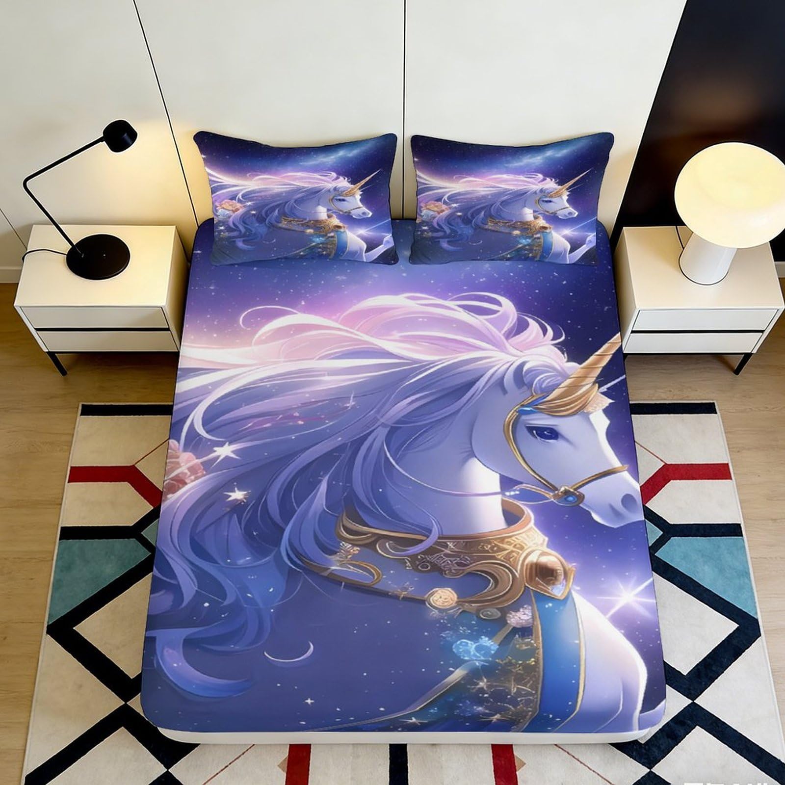 3D Printed Fantasy Unicorn Fitted Sheet Microfiber Soft Purple Dreamy Bed Cover for Bedroom Guest Room Decor 90x200x25cm