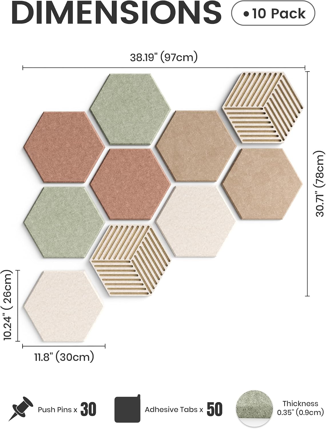 Fluxynara Hexagon Cork Board Alternative for Walls Decor-10-Pack Felt Bulletin Board Tiles,with 30 Pushpins,50 Adhesive Tabs for Office,Classrooms & Home Pin Board Felt Board-Boho