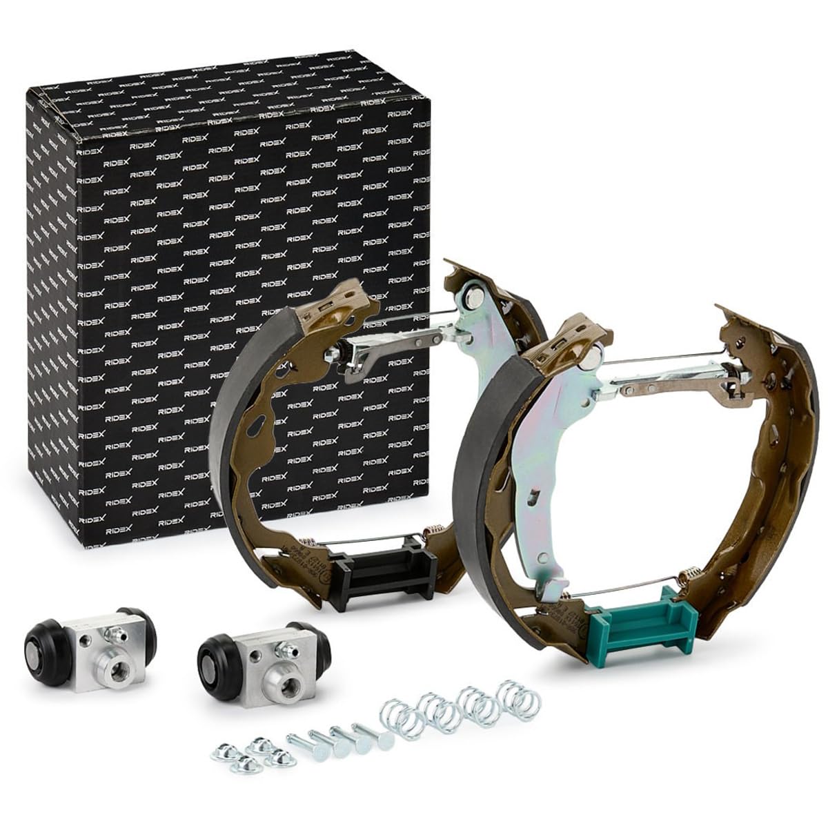 RIDEX 3859B0242 Bremsenset Trommelbremse Bremsbacken Satz mit Zubehör mit Radbremszylinder mit Stellelement mit Handbremshebel Hinten Kompatibel mit SEAT Ibiza IV Sportcoupe 6J, 6P, SUZUKI, OPEL