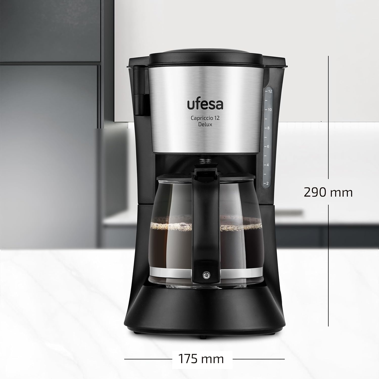 Ufesa Capriccio 12 Deluxe Drip Coffee Maker with dimensions labeled: 290 mm height, 175 mm width