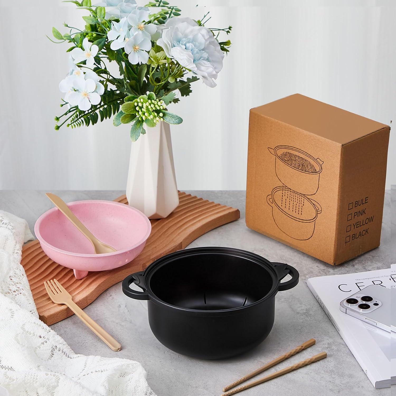 Large 45oz Cute Ramen Bowl Set Microwavable Pig Ramen Noodle Cooker Wheat Straw Bowl with Strainer Lid Handle Spoon Chopsticks Fork Gift for Home Dorm College(Pink,Black,2 Sets) thumbnail