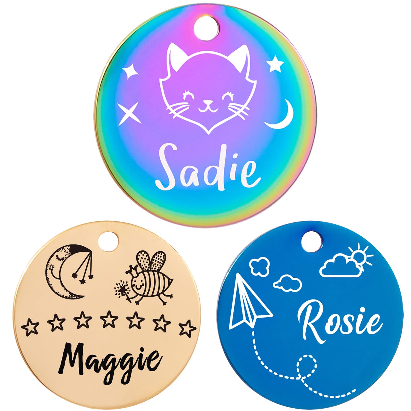 HAVEATAG Pet Name Tags,Stainless Steel Custom Carved Dog tag, Cute Double-Sided Engraved cat Tags, Personalized ID Tags,Cat and Dog Collar with Name tag (Circle-Rainbow, Medium)