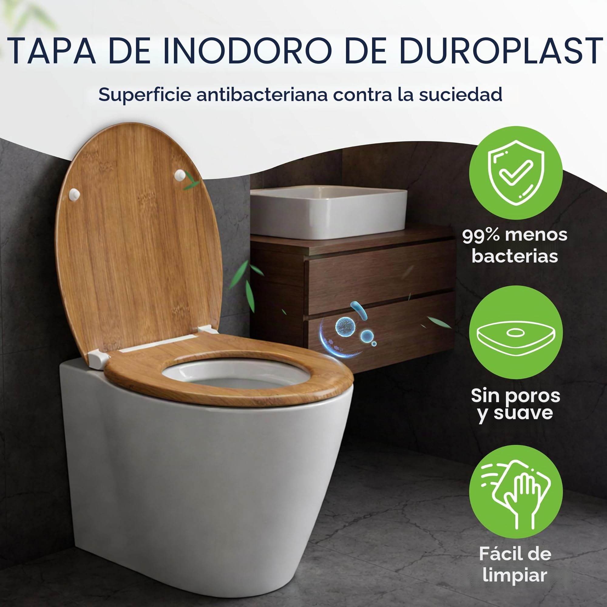 Casaria Asiento de Inodoro Bambú 45x37x4cm Duroplast 200kg Antibacteriano Tapa de Baño Toilette WC