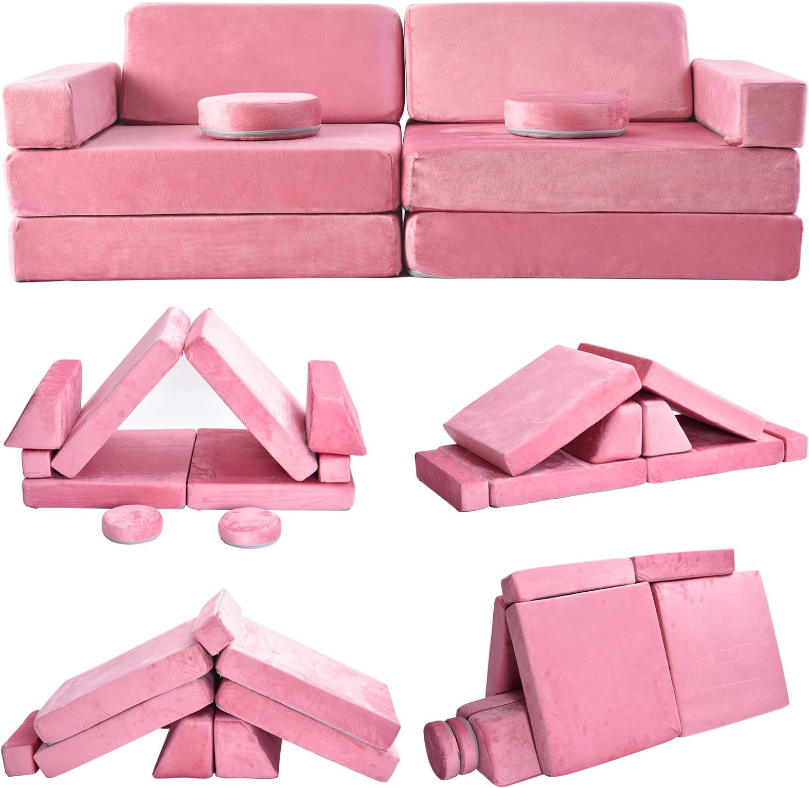 Kids Play Couch,10 Pcs Toddler Couch Sofa,Foam Modularized Kids Couch,Convertible Kids Toddlers Play Couch Sofa Set for Playroom Bedroom (Pink)