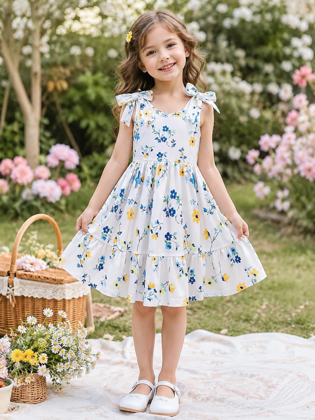 Toddler Girls Summer Dress Bow-Tie Straps V Neck Party Dresses Cute Floral Printed Sleeveless Beach Sundress