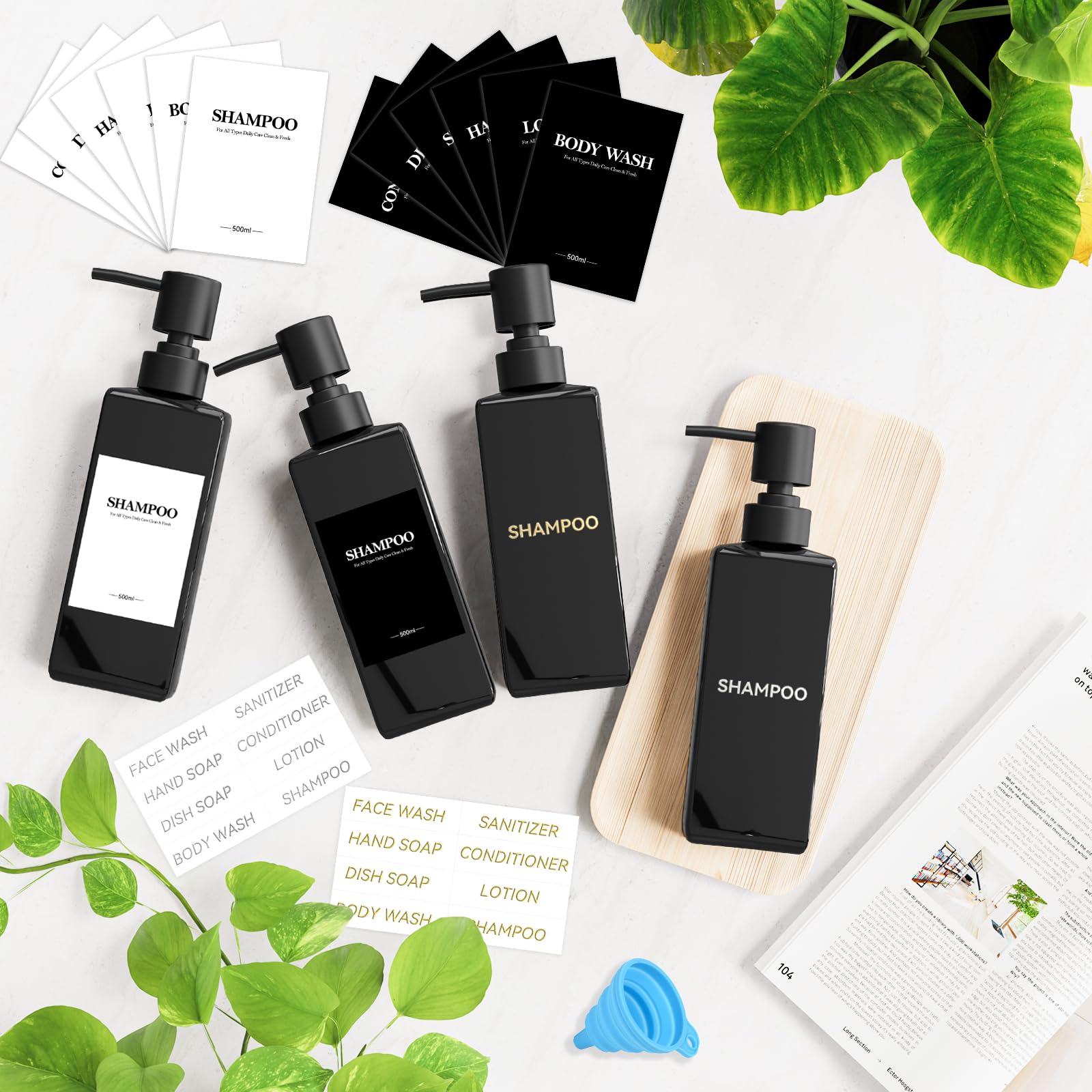 Set Di 4 Nero Flaconi Riutilizzabili per Shampoo, 500ml Dispenser Sapone Doccia, Dispenser Doccia Shampoo e Bagnoschiuma con Imbuto ed Etichetta Impermeabile, Adatto per Cucina, Bagno e Toilette