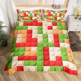 Feelyou Building Block Duvet Cover King Size Kids Brick Styles Bedding Set for Boys Teens Colorful Breathable Gaming Comforter Cover Green Red Yellow Room Decor