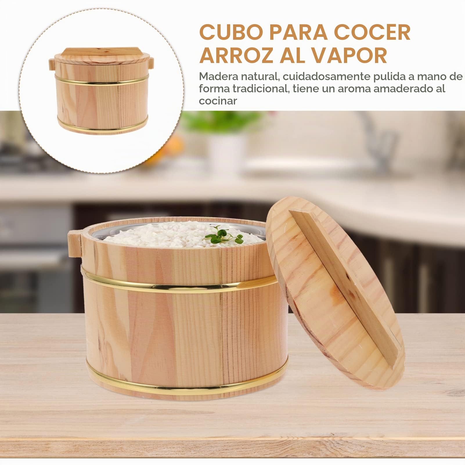 DOITOOL Hangiri de de Arroz de Madera Tazón de Enfriamiento de Arroz de Sushi Revestimiento de Tazón de Arroz de Inoxidable Bañera de de Arroz con Tapa Tazón de 1