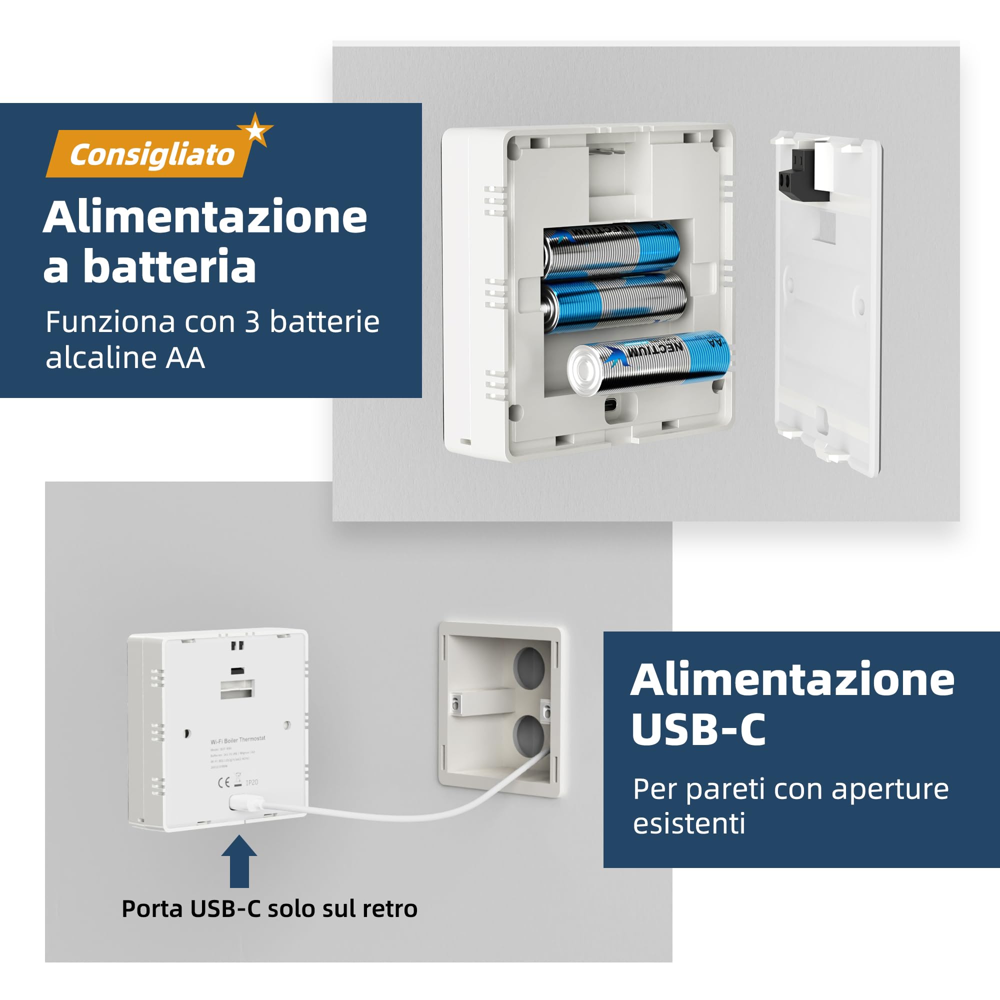 Termostato Wi-Fi alimentato a batteria, modello per caldaia, 3A, nero