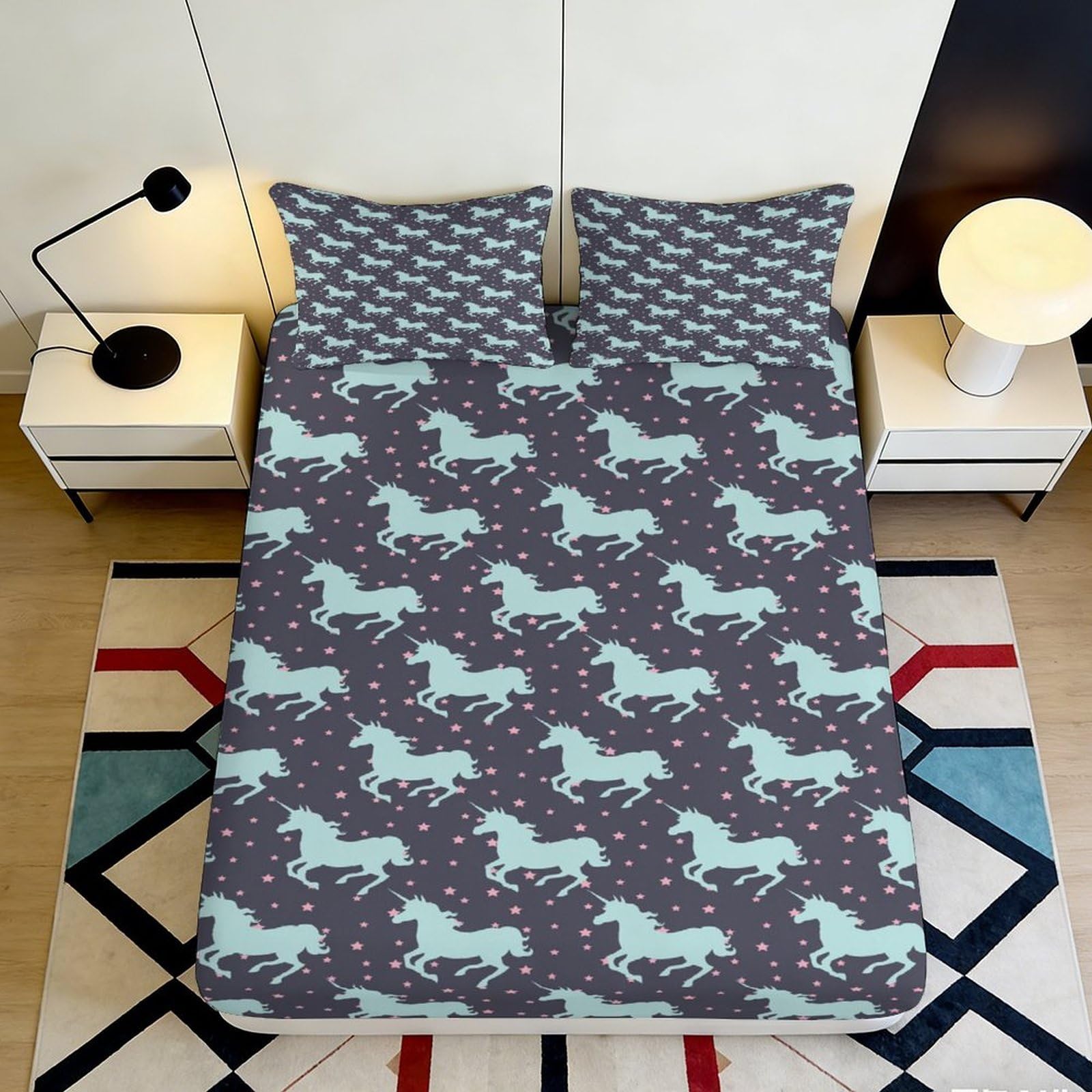 3D Printed Unicorn Pattern Fitted Sheet Microfiber Deep Pocket Non-Slip Bedroom Bedding Unicorn Mattress Fitted Cover Adult Teen 200x200x25cm 90x200x25cm