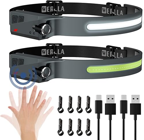 2 faros recargables, linterna de 230 LED de haz ancho, 1200 lúmenes, lámpara de cabeza brillante y foco, modo sensor, faros ligeros de 2.4 onzas con