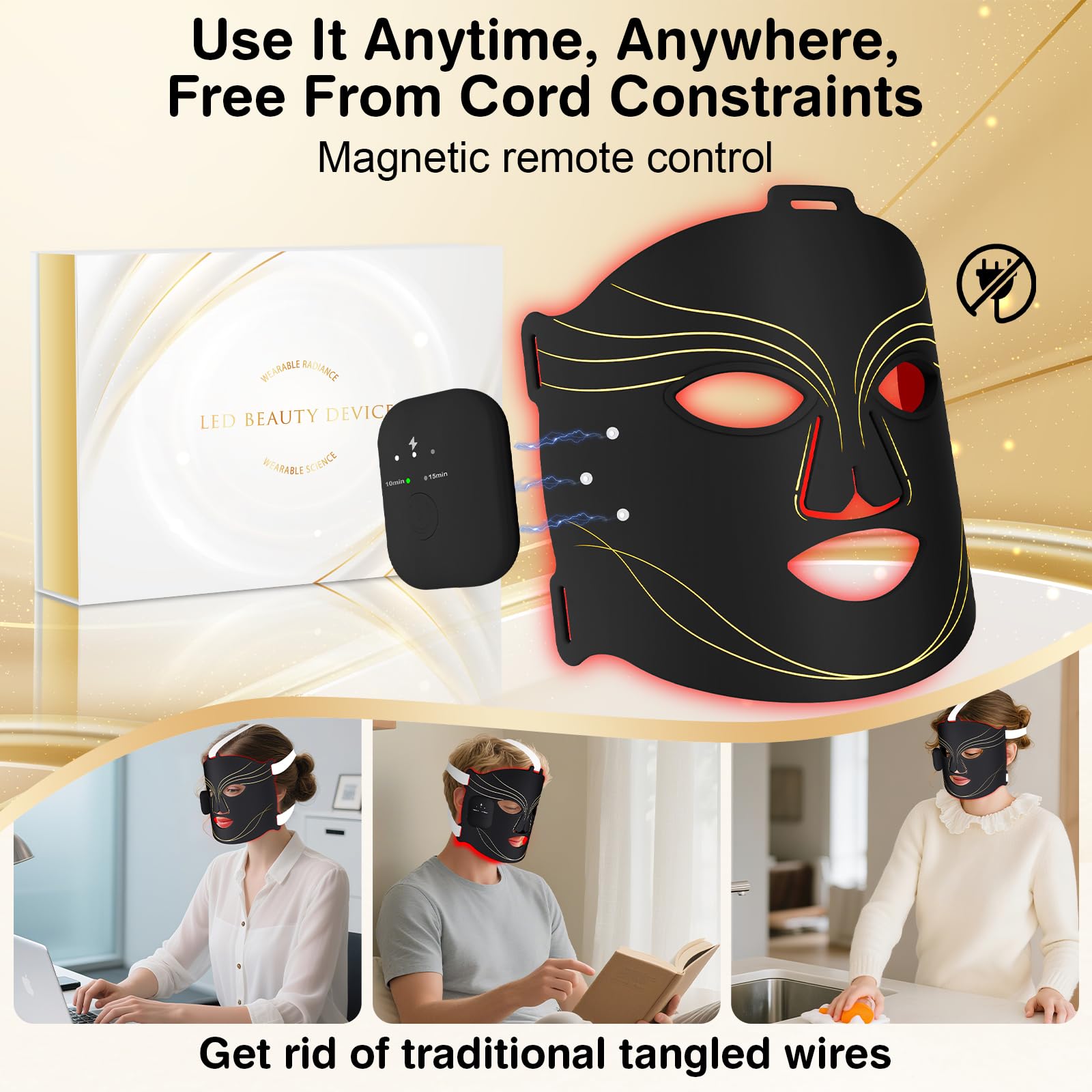 Hottoerak LED Maske Gesicht Kabellos Für Frauen, Rotlicht Maske Gesicht Für Beauty-Routine Zuhause, 660nm 850nm 415nm, 74 LEDs, Silikon Gesichtsmaske LED, 2 Modi, Timer, Augenpad