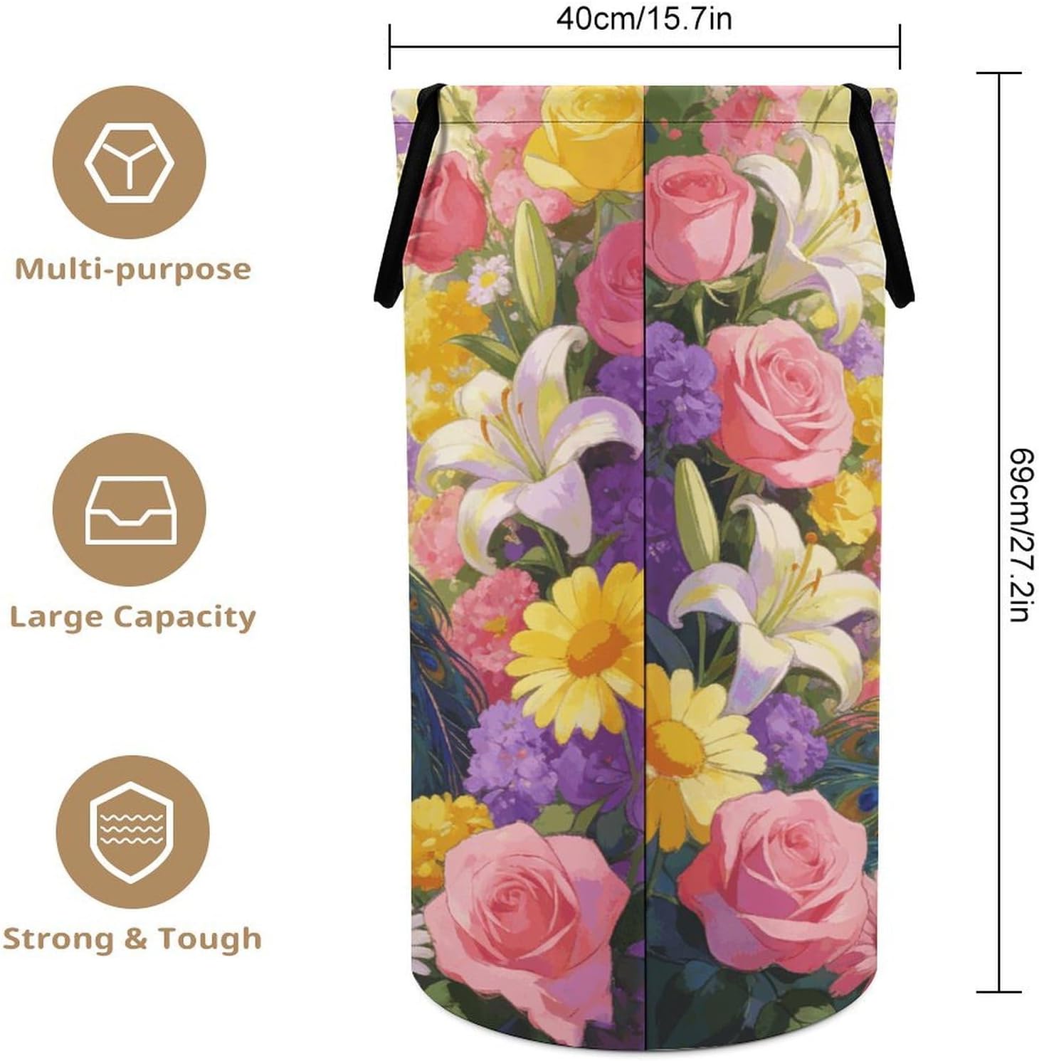 Colorful Peacock with Floral Background Laundry Hamper 86L Waterproof Collapsible Clothes Basket with Double Handles Freestanding Foldable Laundry Basket Large Clothes Hamper for Bathroom
