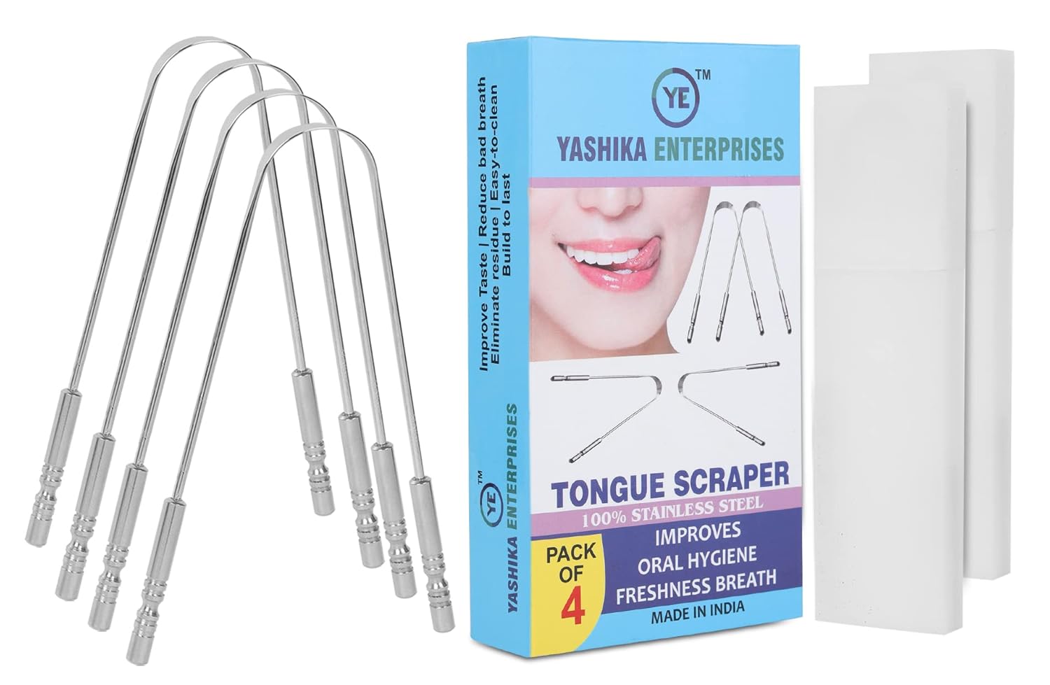 Cleaner de Língua em Aço Inoxidável - Kit Dental Profissional para Eliminar o Mau Hálito (Pacote Familiar com 4 Unidades)