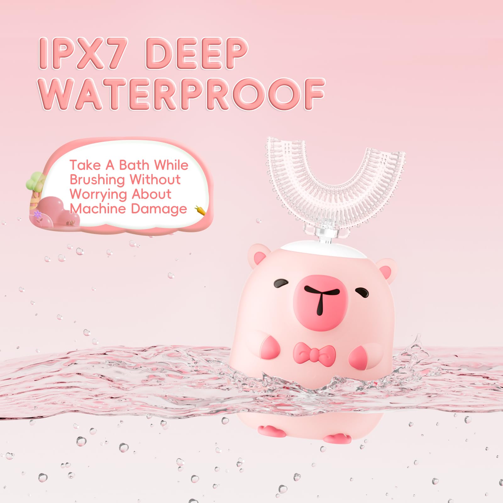 Spazzolino elettrico per bambini a forma di U - Cartoon Capybara con 6 testine | Spazzolino da denti automatico per bambini con grado di pulizia completa della bocca con IPX7 impermeabile (rosa, 2-14 anni)