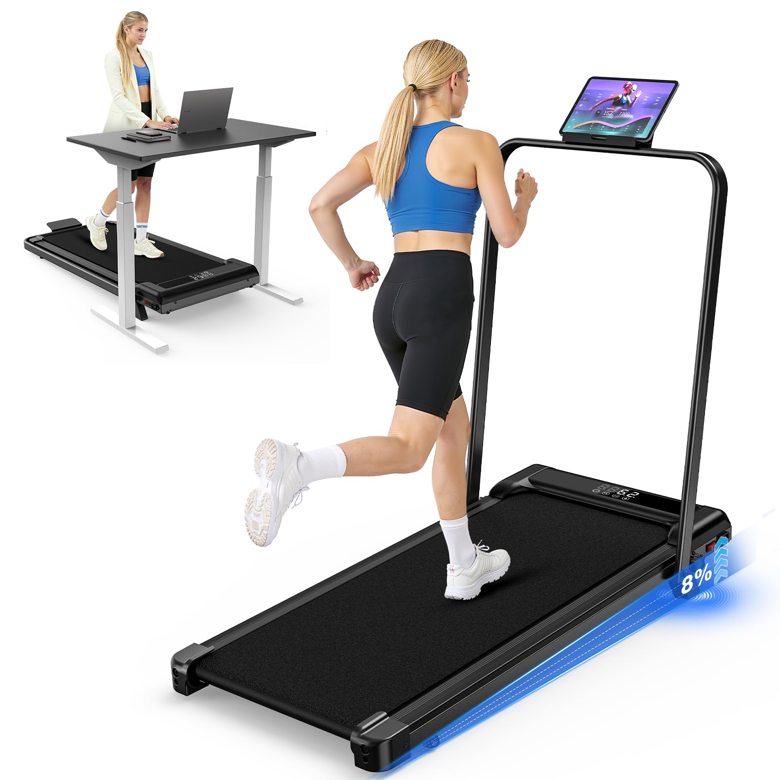 Incline Walking Pad with Handle Bar, Under Desk Treadmill with Ultra Quiet < 40dB, 3.5HP Portable Treadmill for Home Office, Wide Running Belt with 330LB Capacity, Remote Control & LED Display Light Black