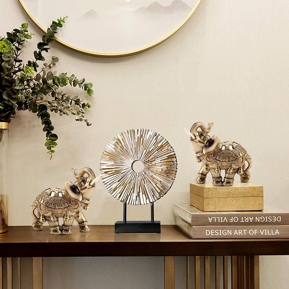 Golden Elephant Statue 5.5 Feng Shui, Thai Elephant with Trunk Upwards Collectible Figurine Sculpture Decoration, Wealth Home Office Decor Gift