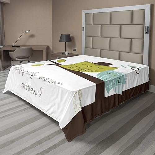 Lunarable Owls Flat Sheet, 2 Owls on Tree Branch Happily Ever After Message Romantic Art, Soft and Comfortable Top Sheet Decorative Bedding 1 Piece,