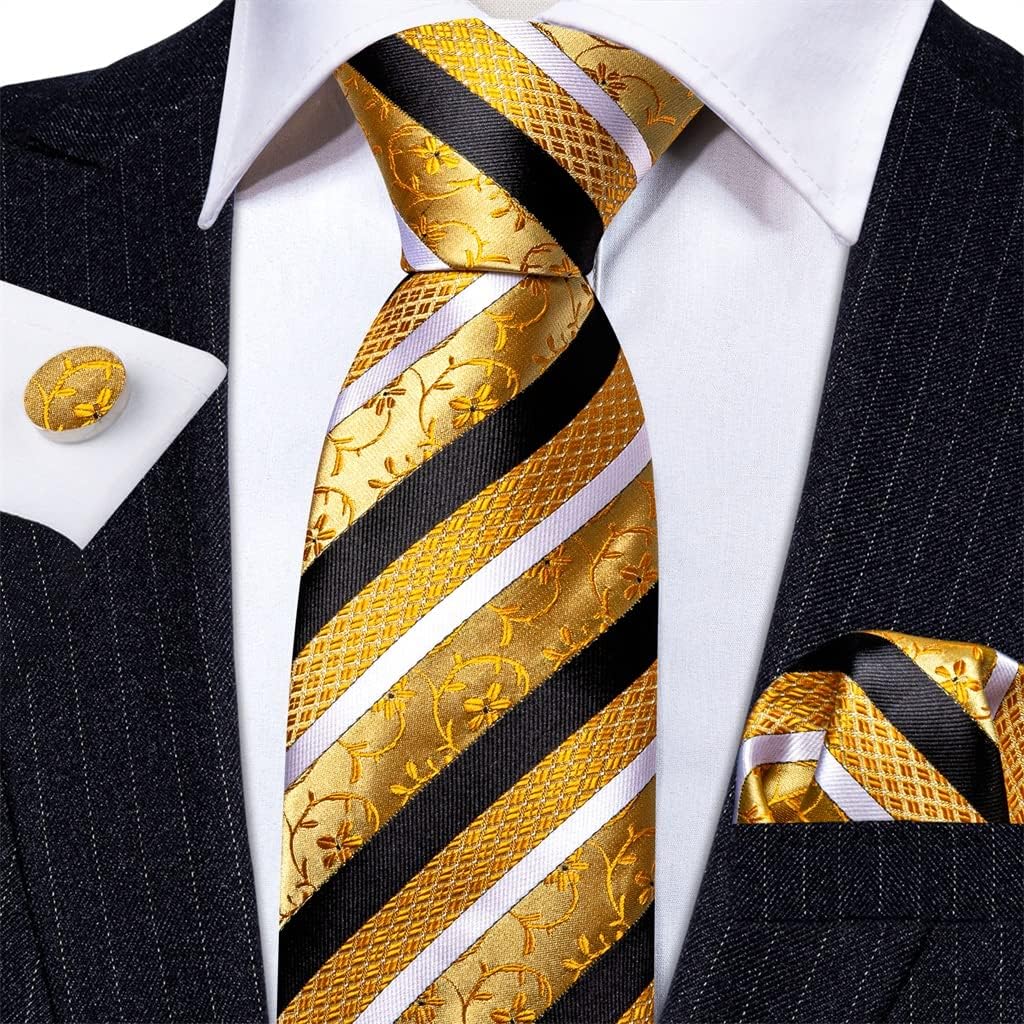 Mens Ties Gold Stripe Floral Cufflinks Pocket Square Sets Classic Neck-Tie Party Wedding Business