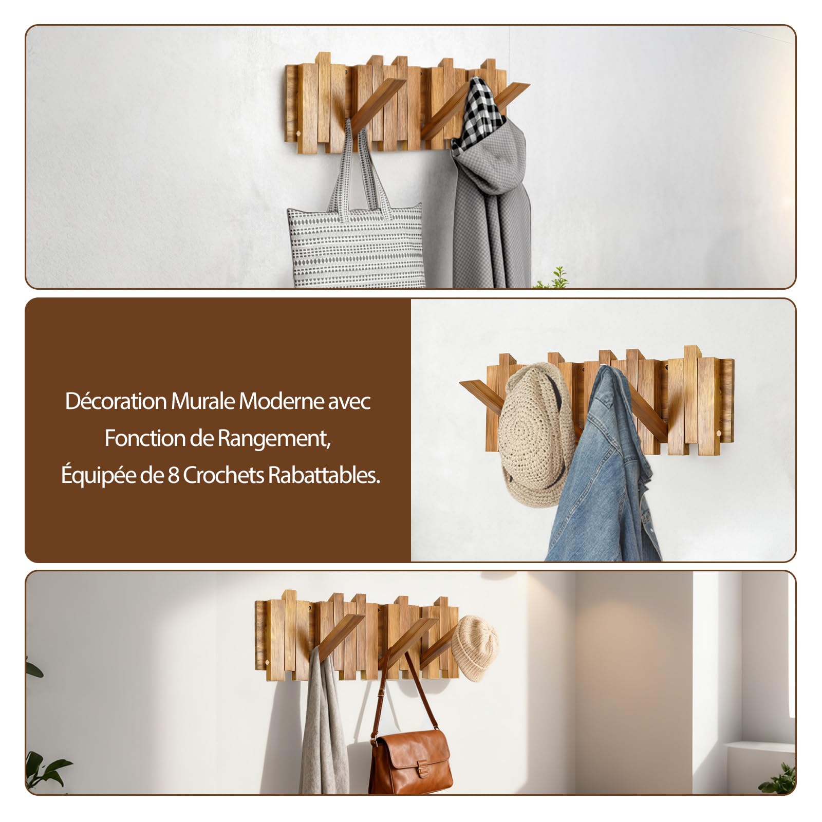 Crochets Pliables En Bois, Porte-Manteau Mural En Bois, Porte-Manteau Design Moderne, Étagère en boi avec 8 crochets, Convient Aux Couloirs, Salles De Bains Et Chambres (42,5 X 16 X 2,5 cm)