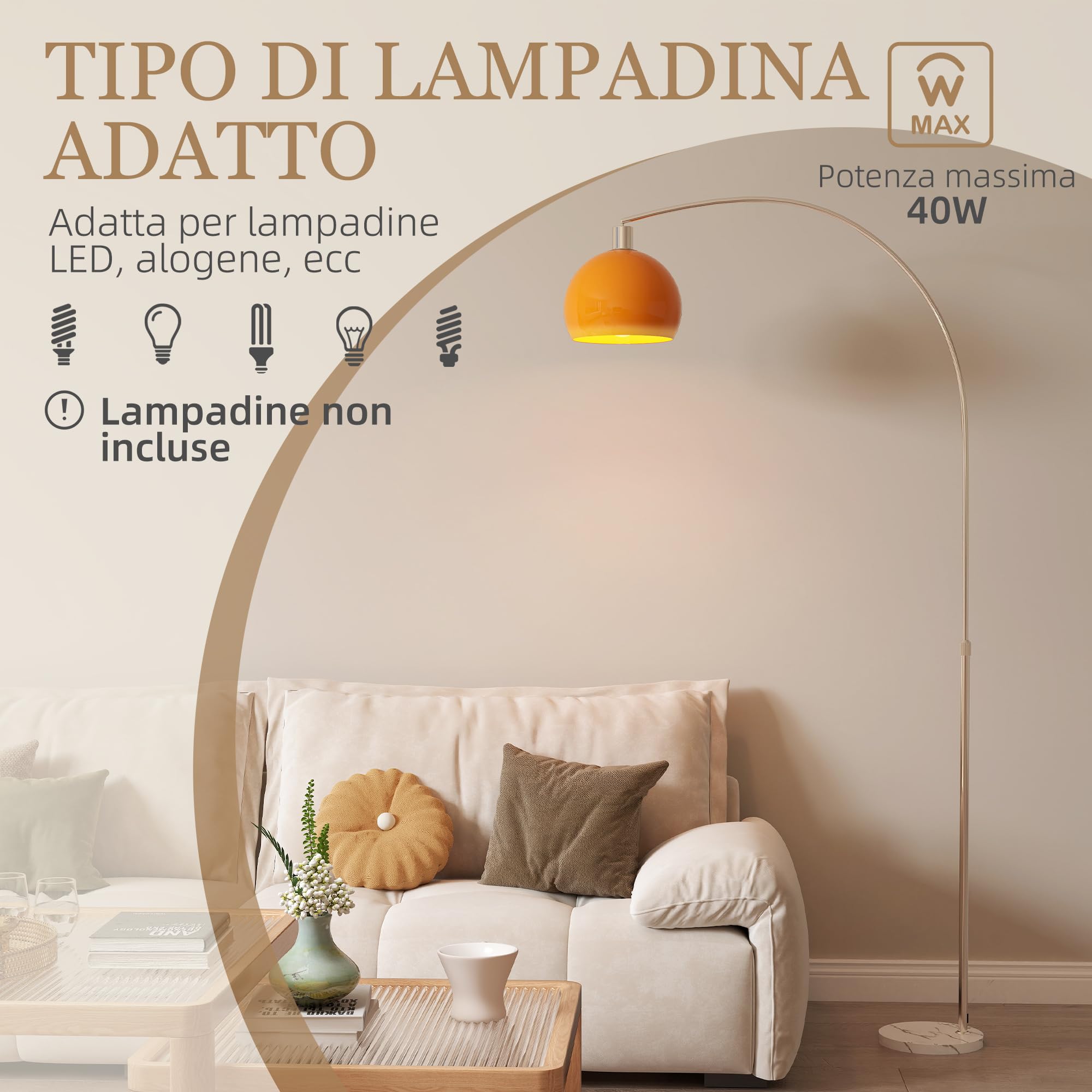 HOMCOM Lampada da Terra ad Arco Moderna 26x90x180 cm Bianco e Arancione | Interruttore a Pedale, Paralume Rotondo, Lampada da Terra Salotto, Marmo Metallo e Plastica