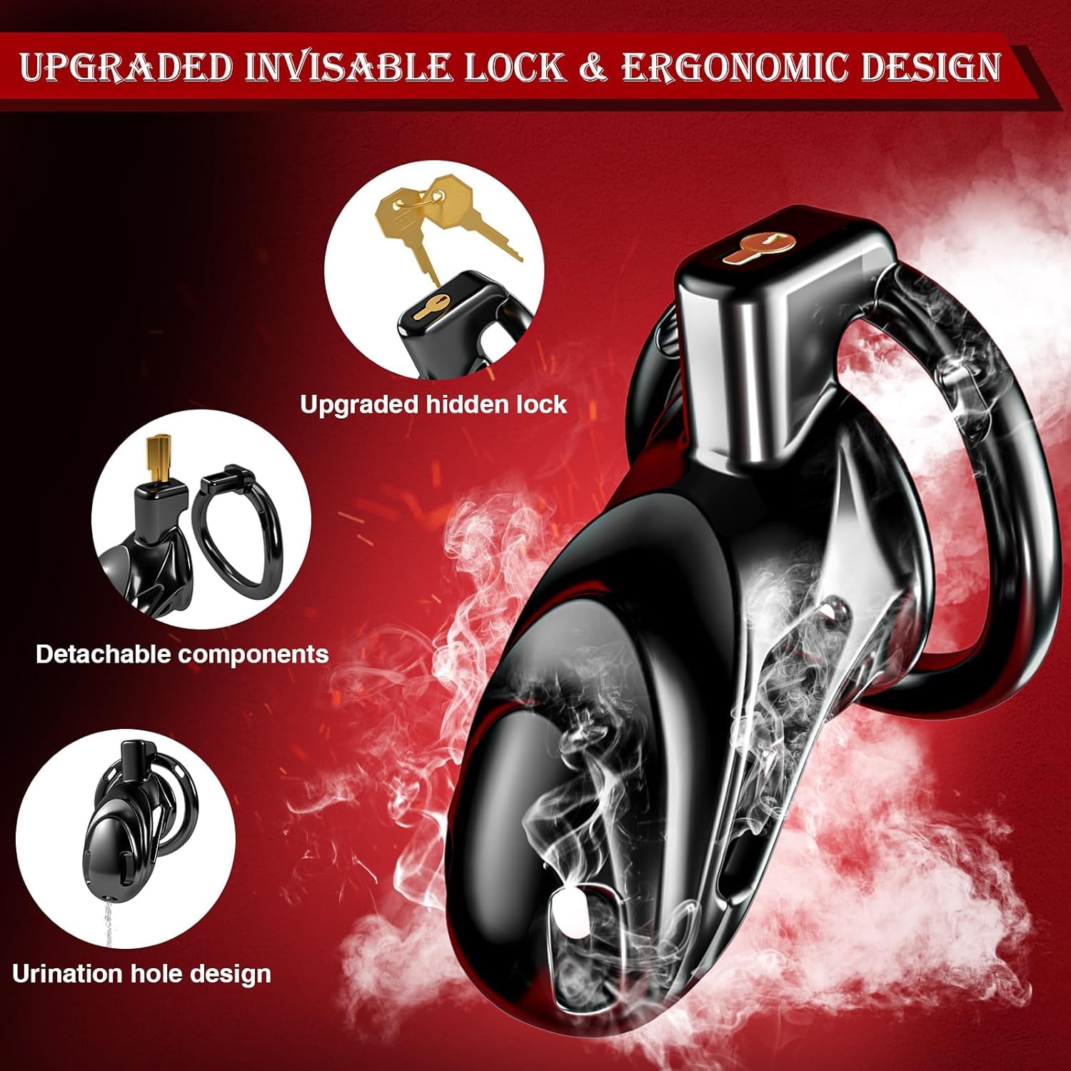 Jaula de castidad masculina Jaula para gallos, Dispositivo de castidad de metal Jaula para el pene para hombres Equipos y accesorios de bondage, 2 llaves y cerradura invisible