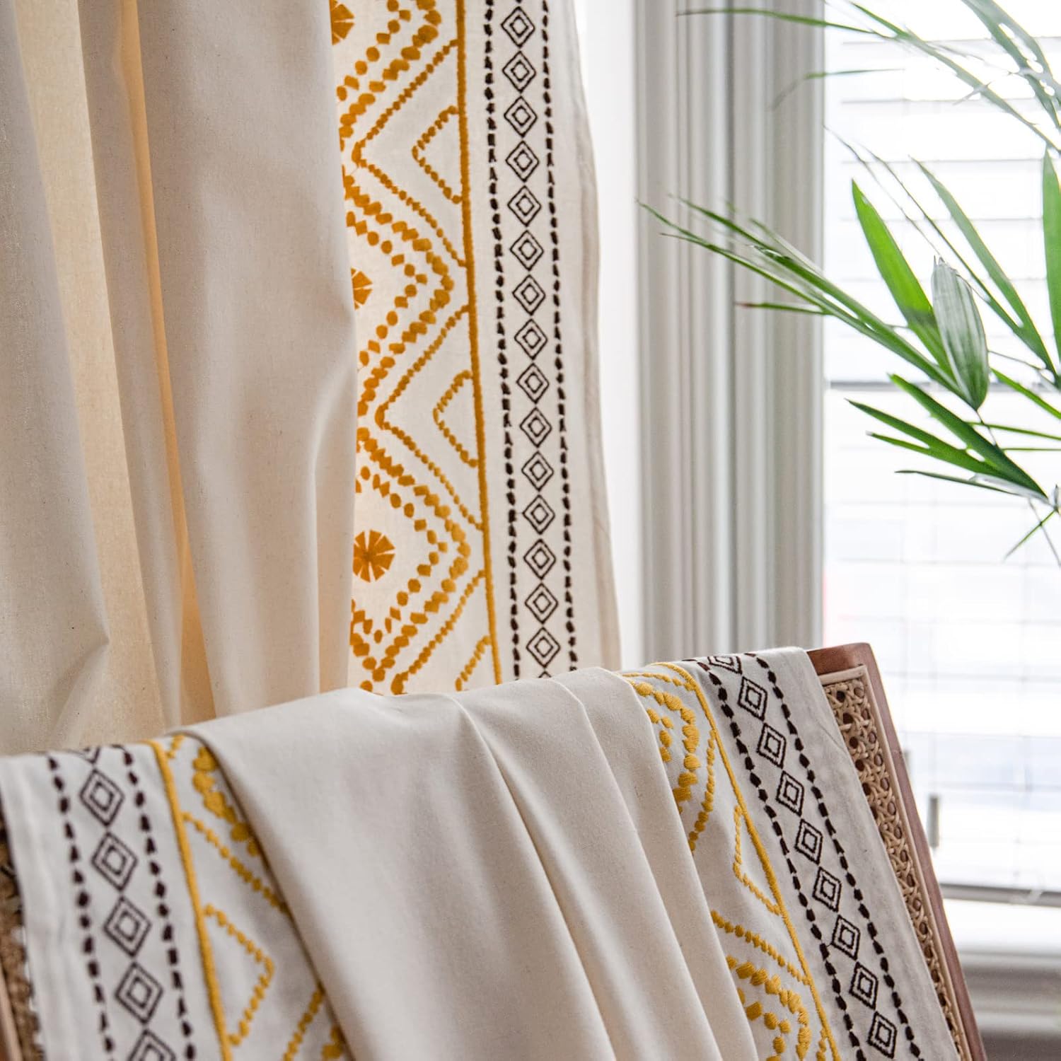 Lahome Embroidered Linen Living Room Curtains 63 Inch Length 2 Panels Set,Boho Gold Geometric Light Filtering Bedroom Drapes,Farmhouse Rod Pocket Window Treatment Home Decor