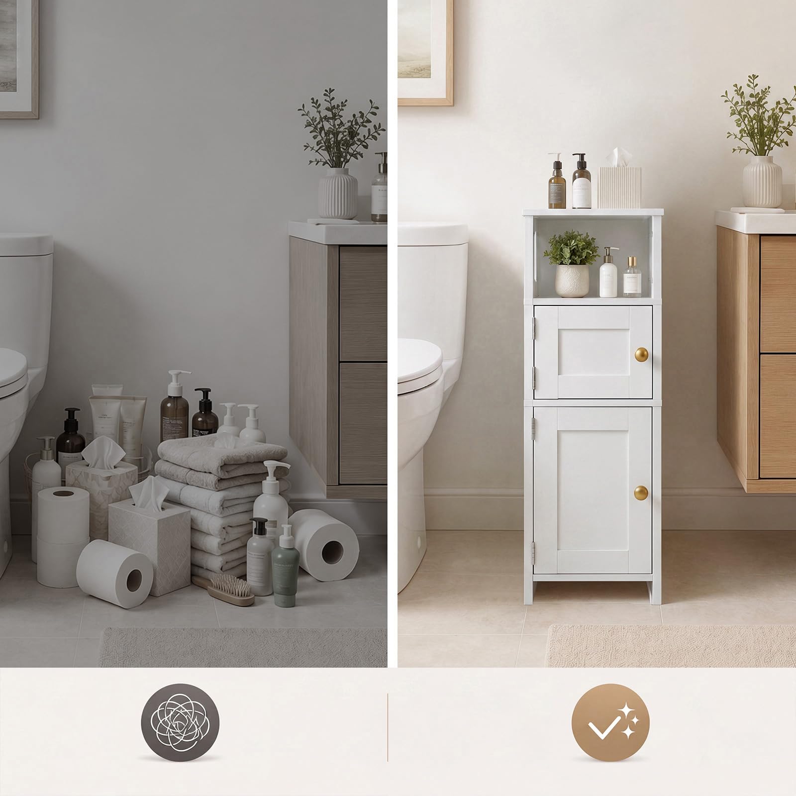 HOOBRO Armario de Almacenamiento para Baño, Mueble de Baño Estrecho y Compacto, Armario Alto Independiente con Estante Ajustable, para Lavandería, con Espacio Abierto y Oculto, Blanco EWT42BC01