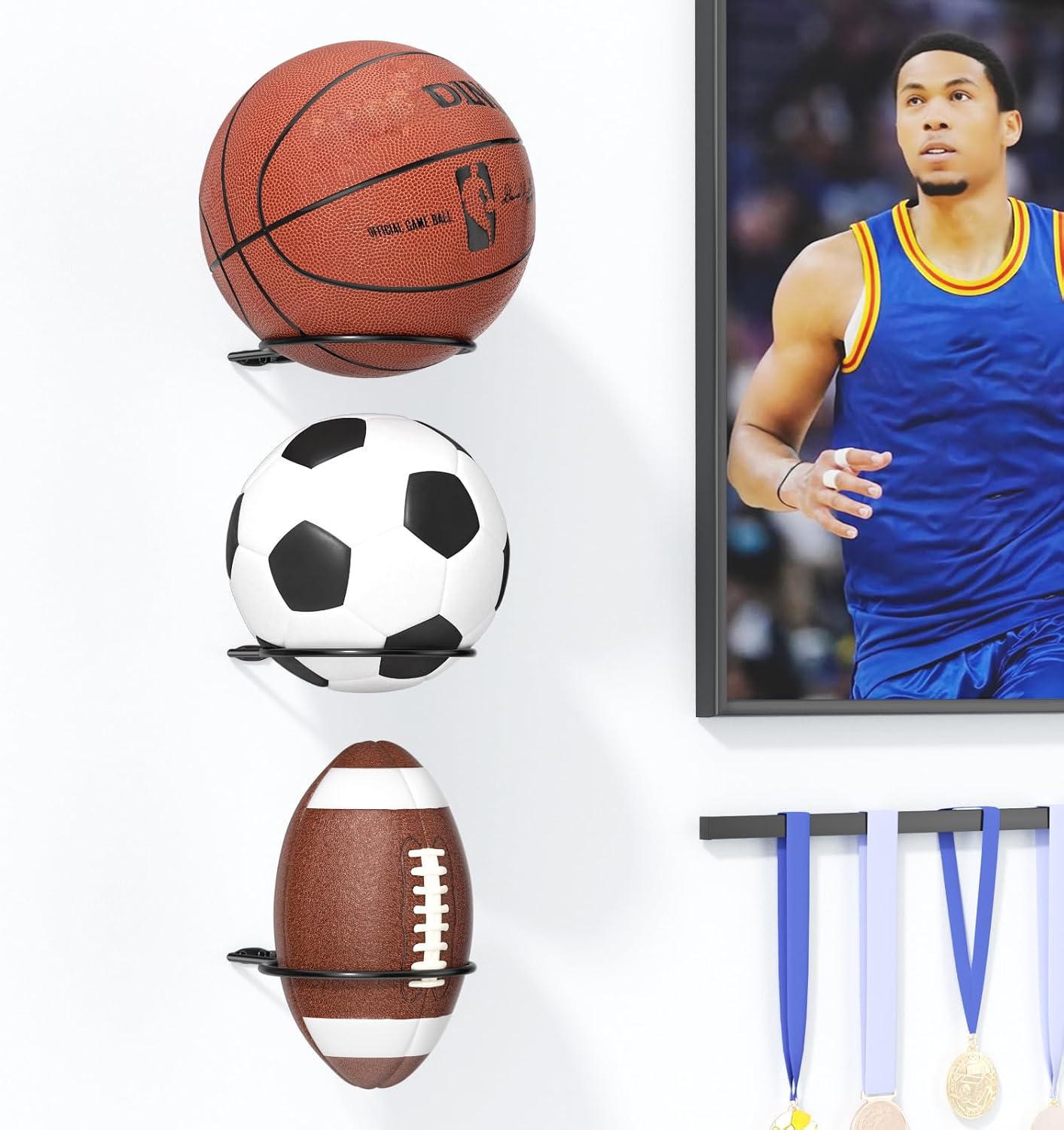 Ball Holder Wall Mount Set –Sports Ball Racks for Basketball, Soccer, Volleyball, Football – Wall Storage & Display for Sports Room
