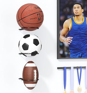 Basketball Holder Wall Mount: Ball Wall Storage Rack for Display, Ball Wall Mount for Basketball, Soccer Ball, Volleyball, Football, Rugby, Ball Holder as Sports Room Decor