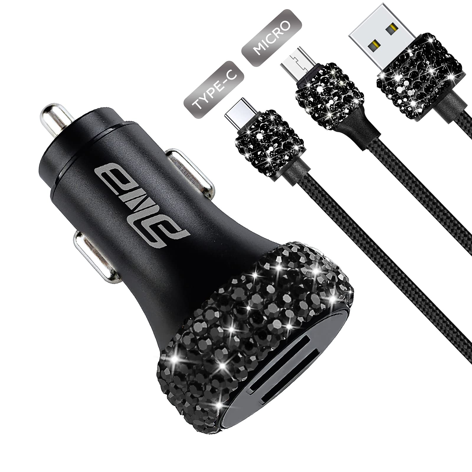 eing Car Charger 3 Pack Crystal Rhinestones Cell Phone Set (Bling Dual USB Charger 3.3f Micro USB Cable & USB C Cable) Compatible with Samsung Galaxy Android Bling Accessories for Women Girls, Black