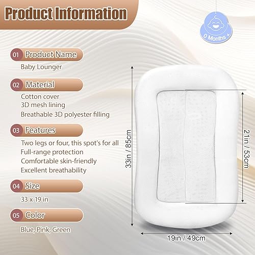 Miniatura 7 de Almohada para tumbona para bebé, tumbona suave de algodón orgánico transpirable para 0 a 18 meses, tumbona para recién nacido (Azul 2)