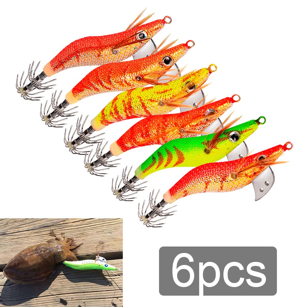 6pcs Cebos de Pesca Calamar Pulpo Camarones, Jig Ganchos, Señuelo Falso Sepia Pulpo Señuelos de Pesca